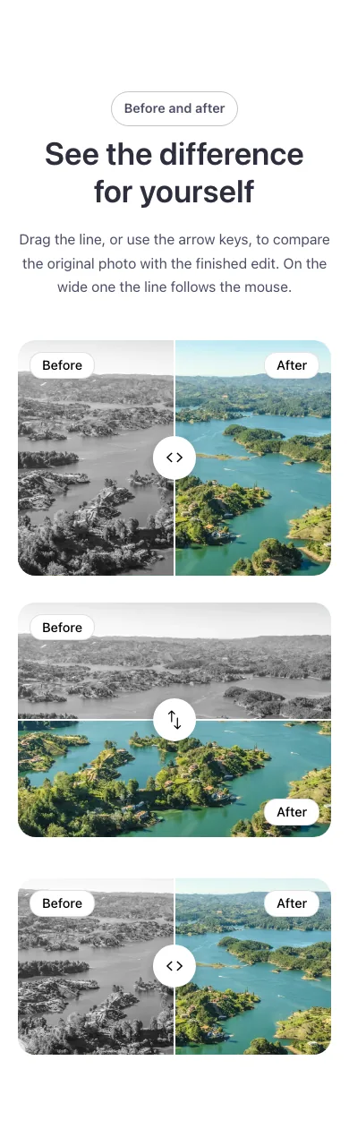 Gallery · Before and after, on a phone at 390px wide