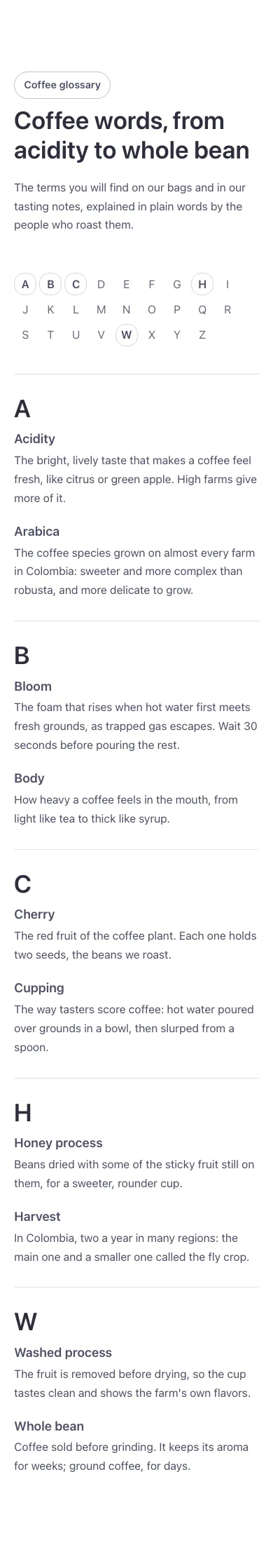 Text-media · Glossary A–Z, on a phone at 390px wide