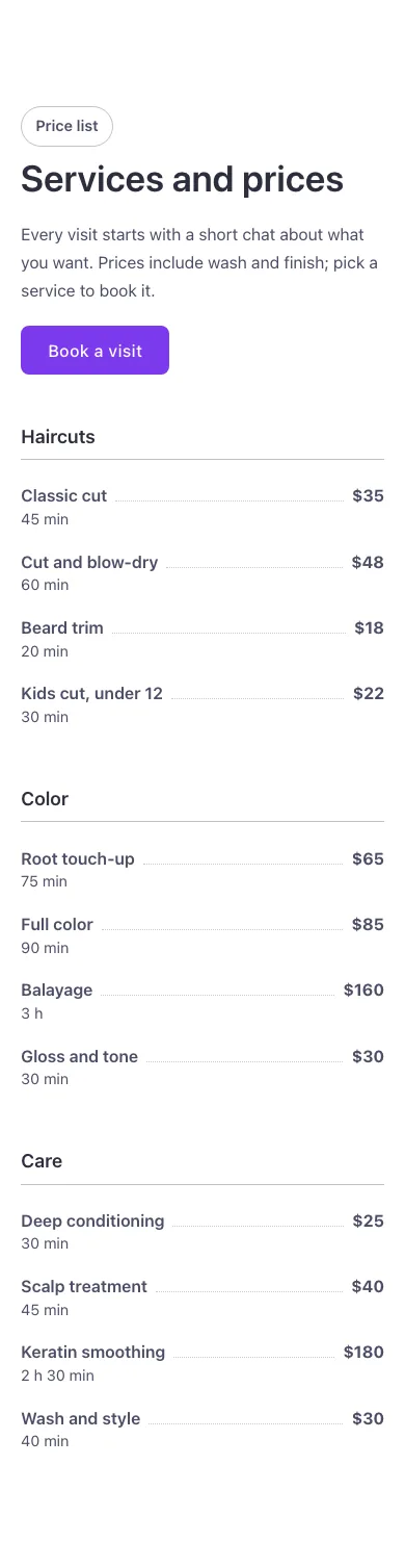 Pricing · Price list, on a phone at 390px wide
