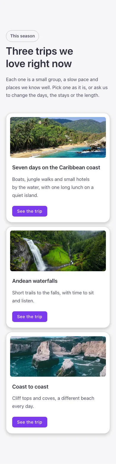 Text media · Featured cards, on a phone at 390px wide