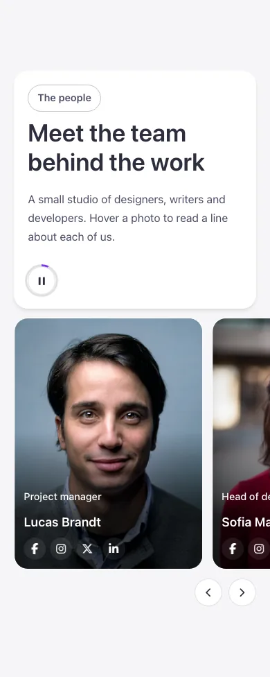 Team · Carousel with panel, on a phone at 390px wide