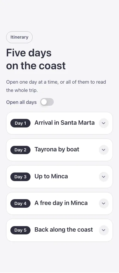 Elements · Itinerary accordion, on a phone at 390px wide