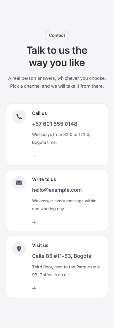 Contact · Channel cards, on a phone at 390px wide