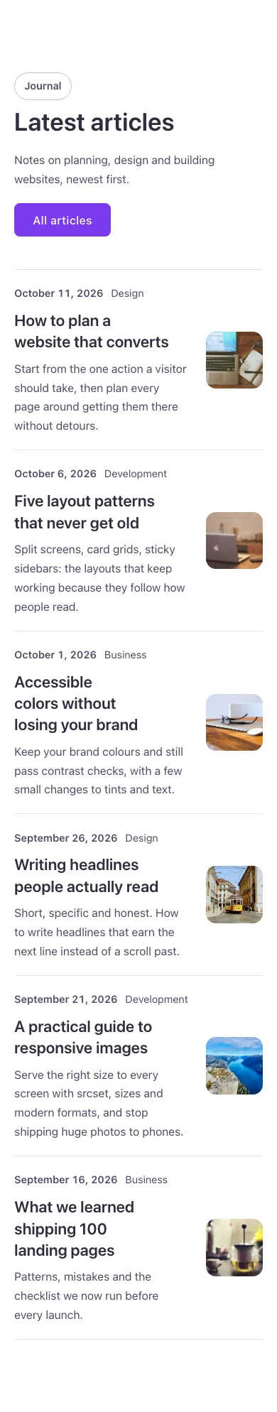 Blog · Post list, on a phone at 390px wide
