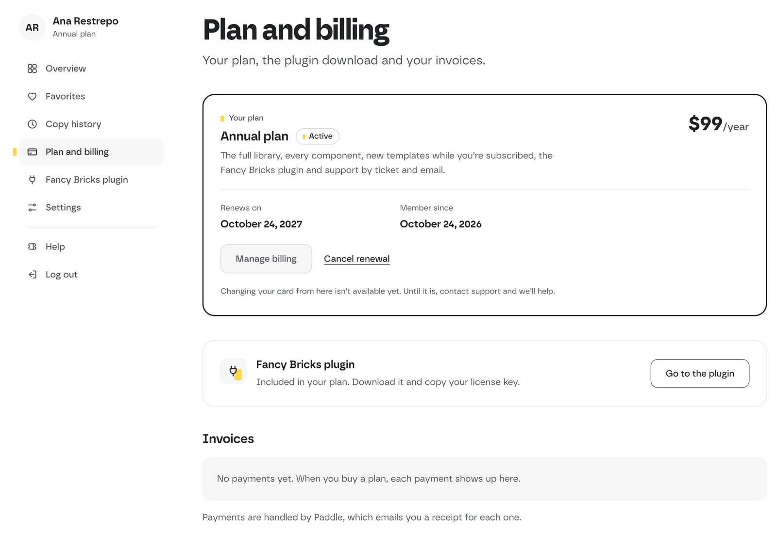 My account, Plan and billing on an annual plan: the plan card with $99/year, Active, Renews on, Member since, Manage billing and Cancel renewal, the plugin card, and the Invoices table