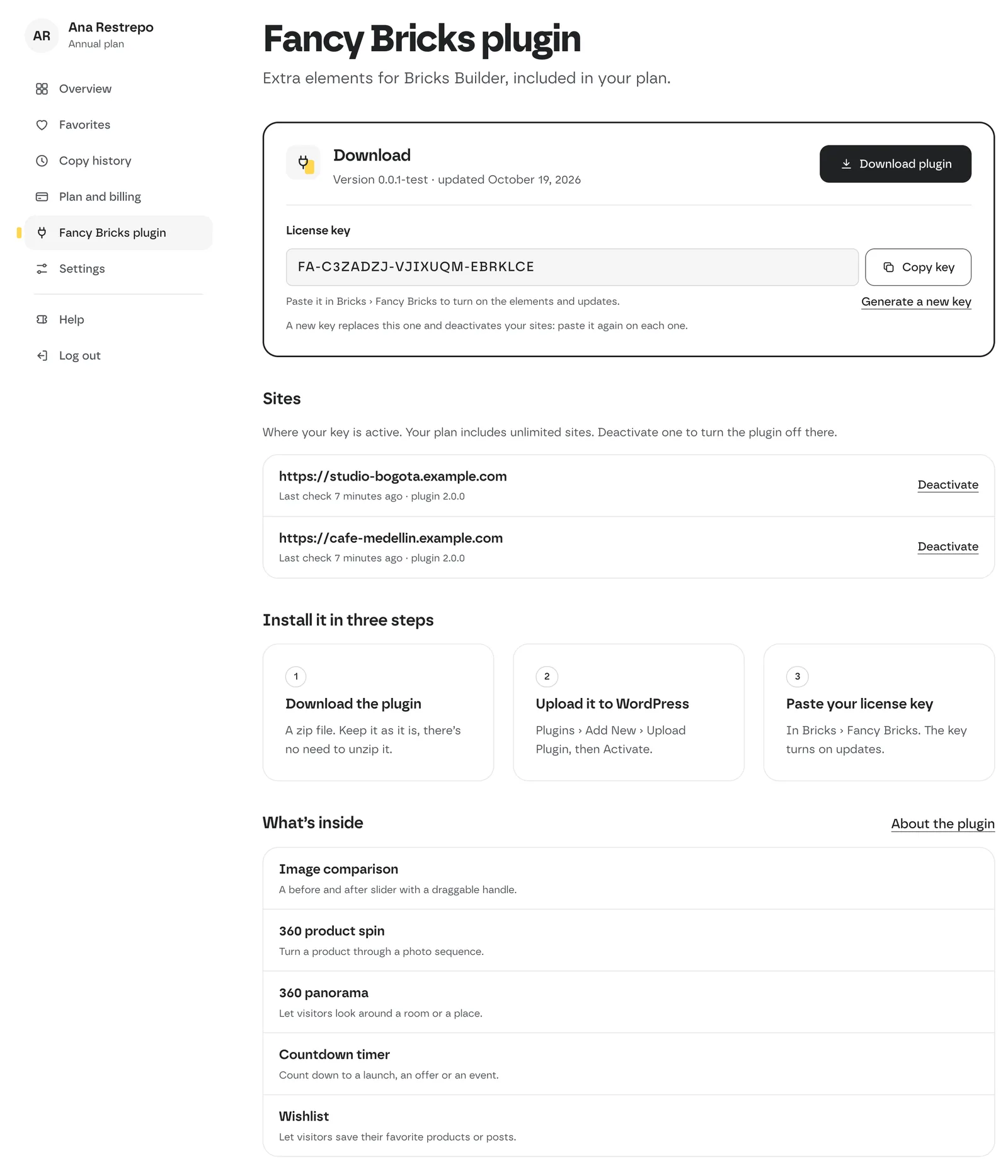 My account, Fancy Bricks plugin section: the Download card with the version, the license key with Copy key, the Sites list and the three install steps