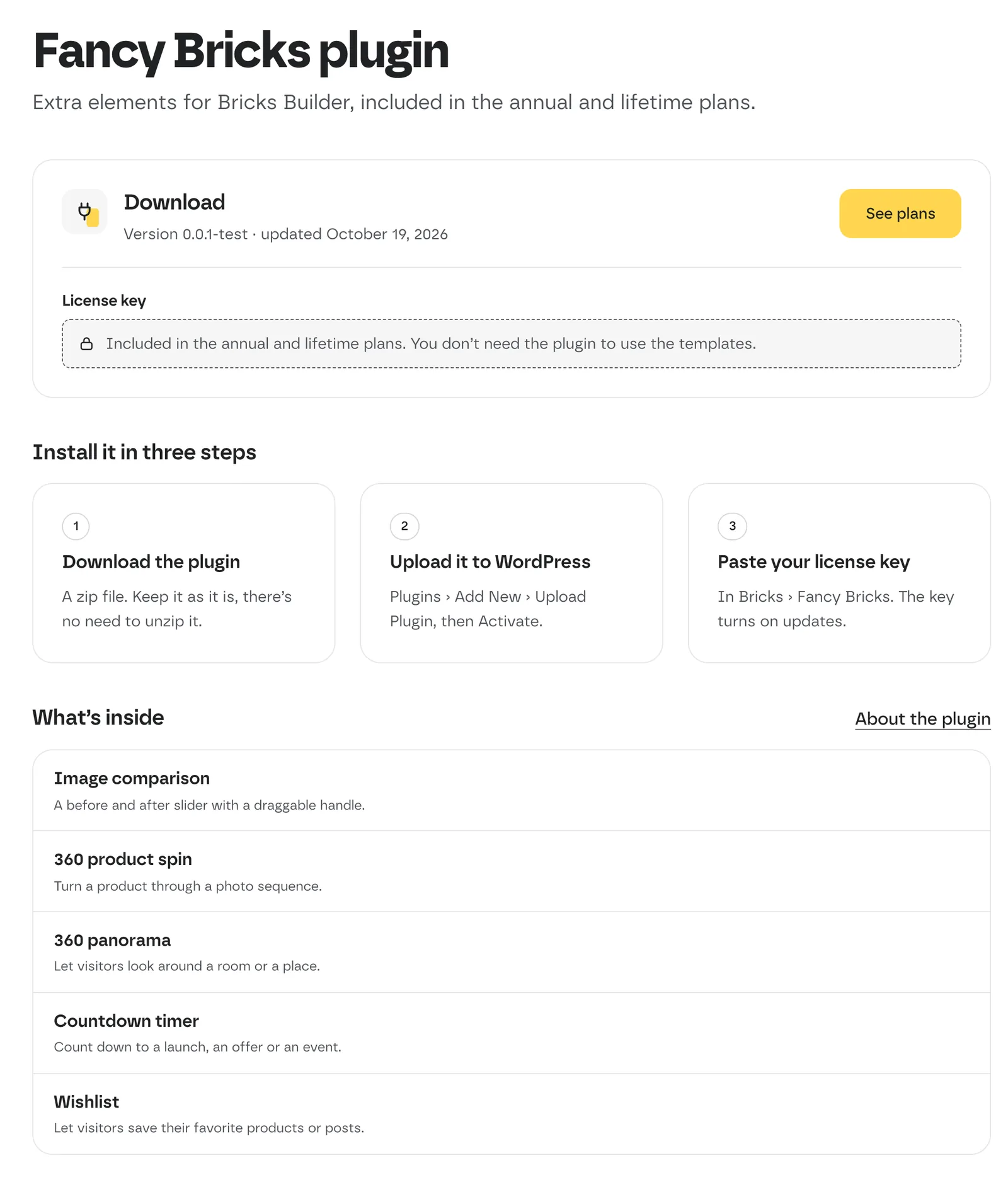 My account, Fancy Bricks plugin section on a free account: See plans instead of Download plugin, and the license key replaced by «Included in the annual and lifetime plans»
