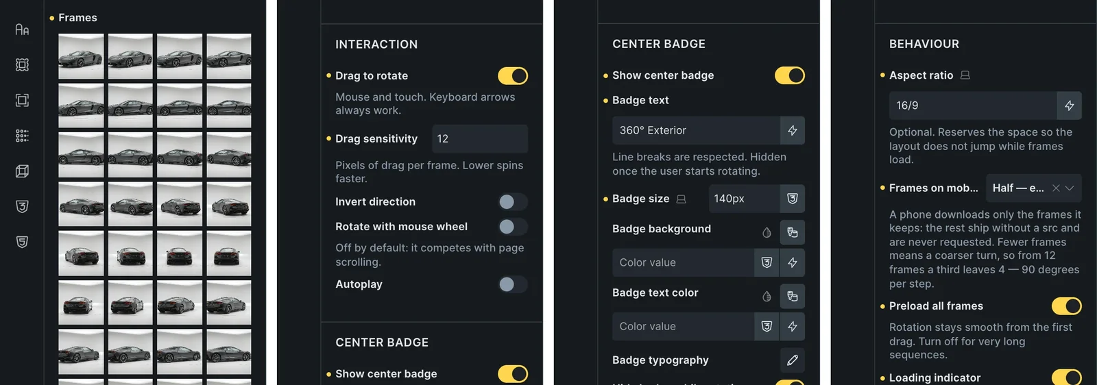Fancy 360 Rotation in the Bricks panel, four views: Frames, Interaction, Center badge and Behaviour