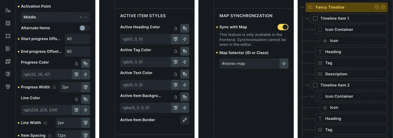 Fancy Timeline in the Bricks panel: progress settings, Active Item Styles, Map Synchronization, and the nested items in the structure panel