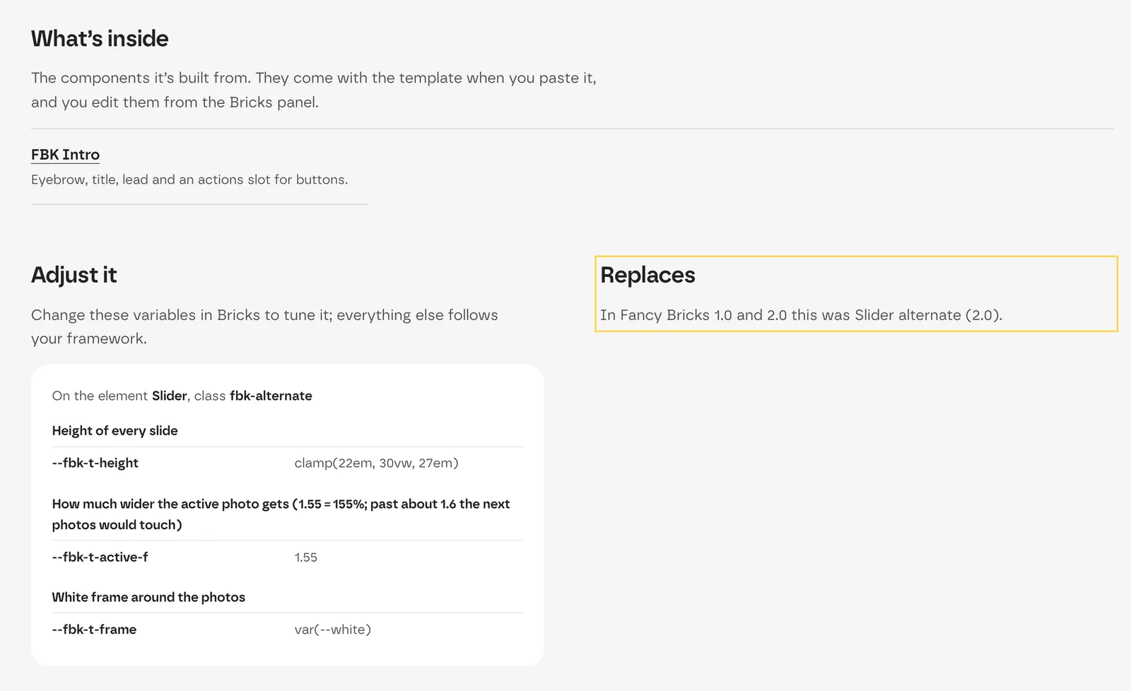 The details of a 3.0 template page: What's inside, Adjust it, and the highlighted Replaces block saying «In Fancy Bricks 1.0 and 2.0 this was Slider alternate (2.0).»