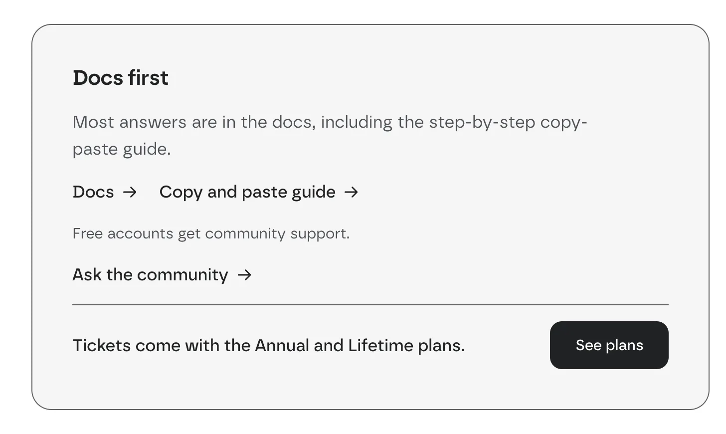 The support page for a free account: Docs first, with links to the Docs and the Copy and paste guide, Ask the community, and «Tickets come with the Annual and Lifetime plans» with See plans
