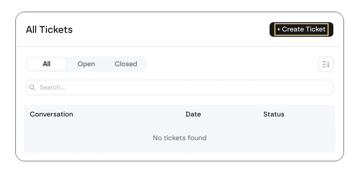 The support portal on fancybricks.co/support for a paid plan: All Tickets with the highlighted + Create Ticket button, the All, Open and Closed filters, a search box and the ticket list