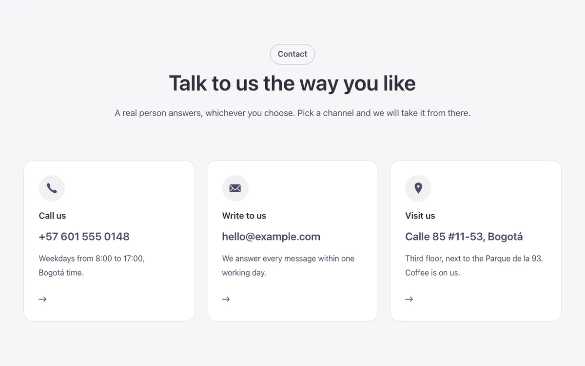 Contact · Channel cards