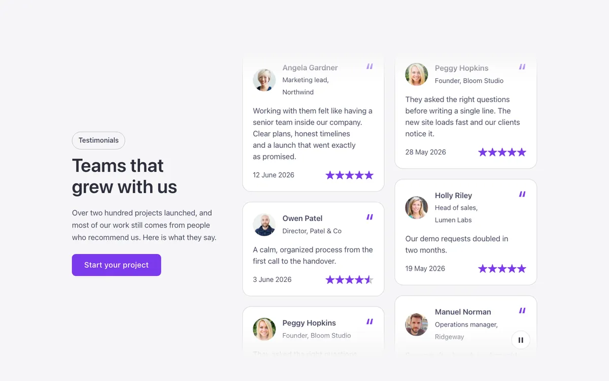 Testimonials · Scrolling columns