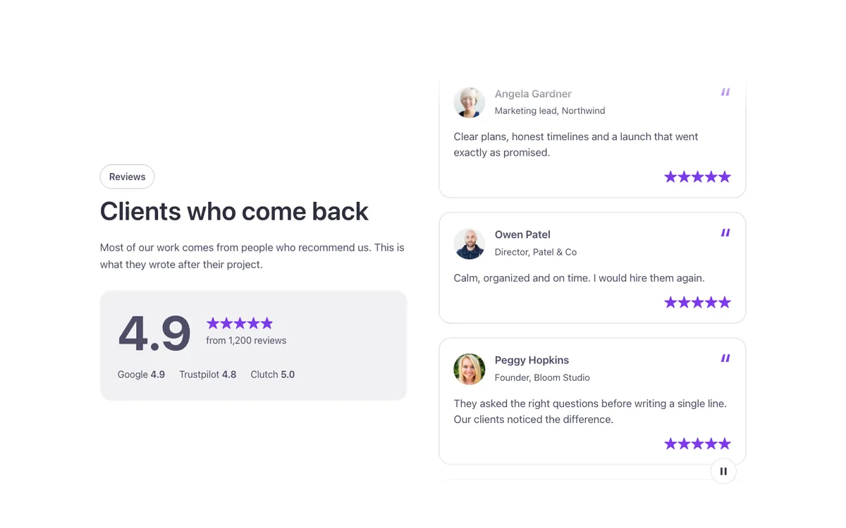 Testimonials · Rating summary