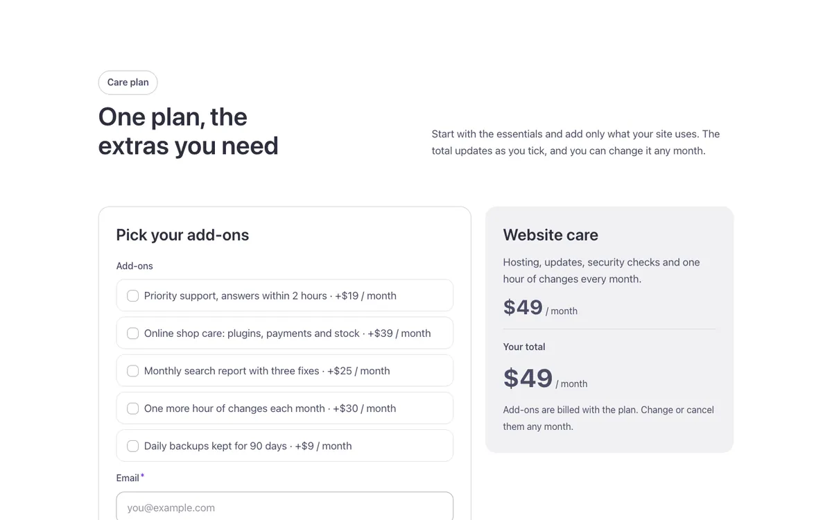 Pricing · Plan and add-ons