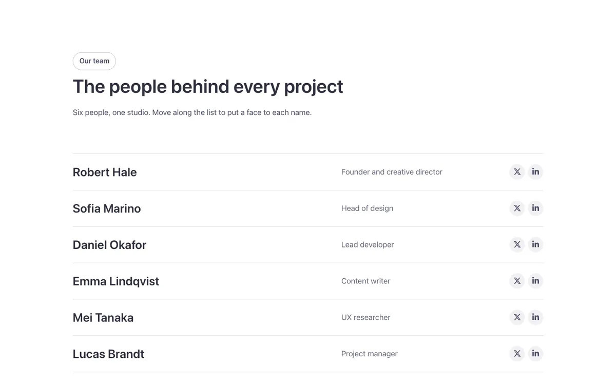 Team · List with hover photos