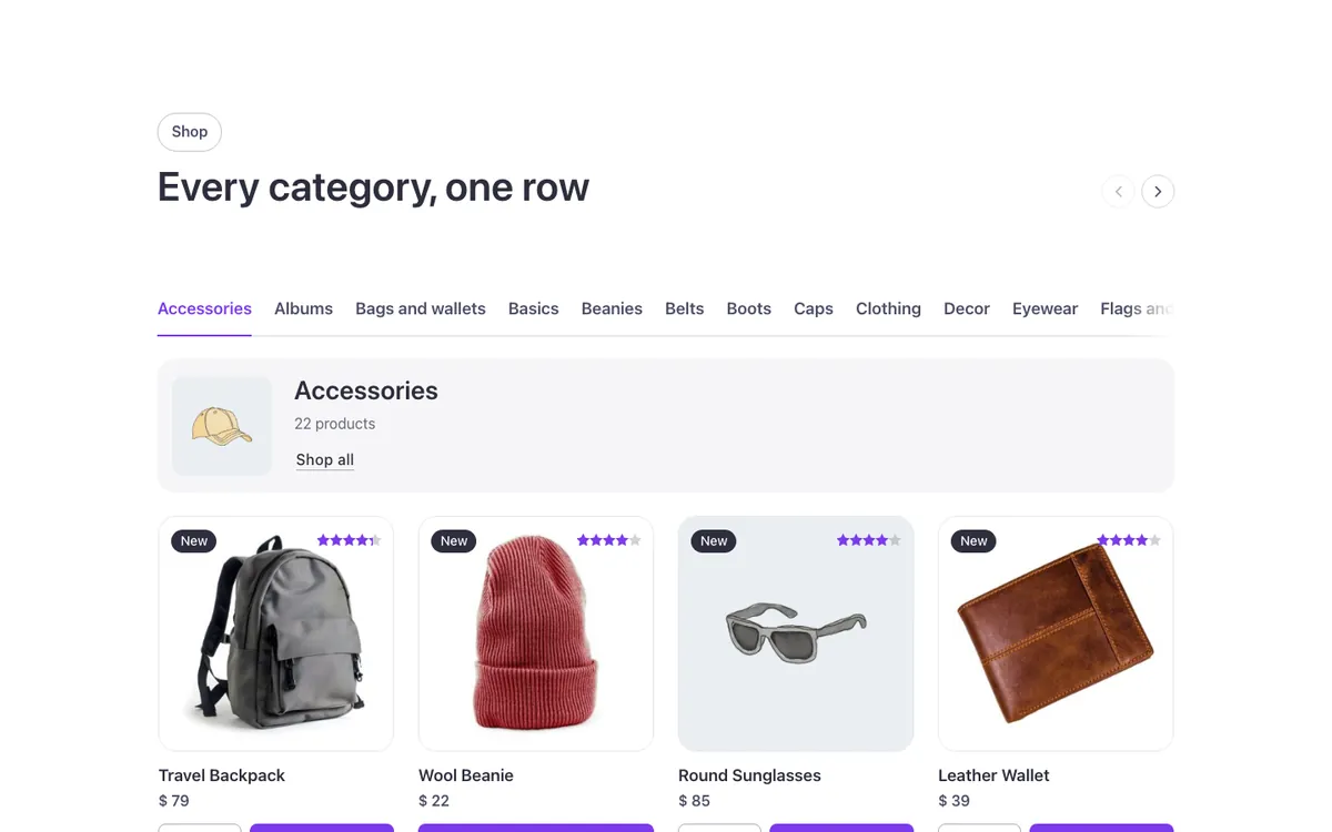 Woo · Products by category, scrolling tabs