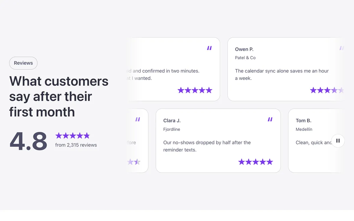 Testimonials · Reviews strip
