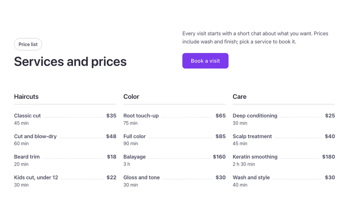 Pricing · Price list