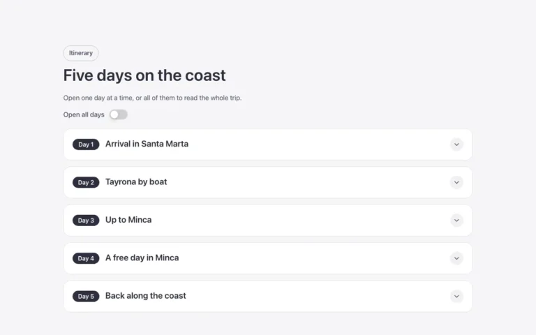 Preview of the itinerary accordion template: a day-by-day itinerary accordion for Bricks Builder