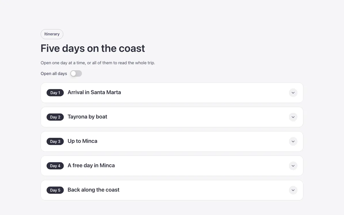 Preview of the itinerary accordion template: a day-by-day itinerary accordion for Bricks Builder