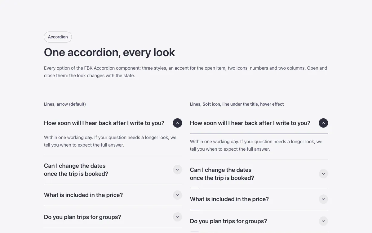 Preview of the accordion template: every style of the FBK Accordion component for Bricks Builder in one place
