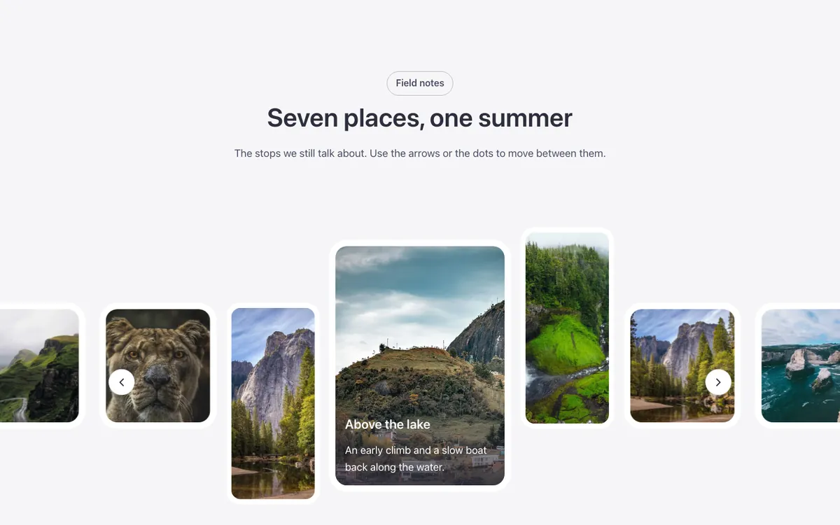Preview of the alternate slider template: a photo slider for Bricks Builder with five framed photos per view