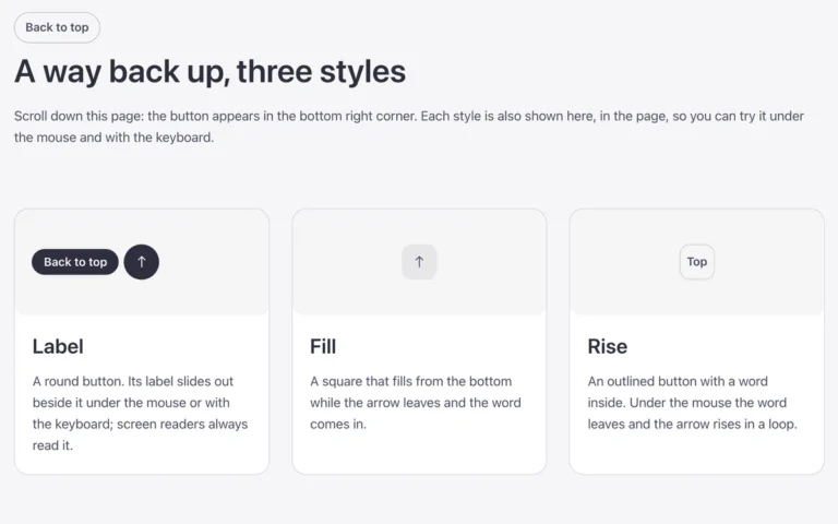 Preview of the back to top template: a back to top button for Bricks Builder, shown here in its three effects: Label, Fill and Rise, each in the Fancy Bricks style families