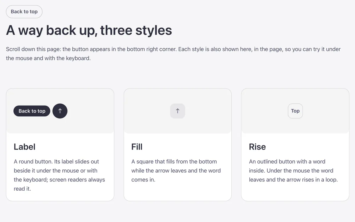 Preview of the back to top template: a back to top button for Bricks Builder, shown here in its three effects: Label, Fill and Rise, each in the Fancy Bricks style families