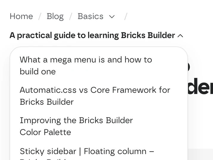 The Fancy Breadcrumb element on a blog post of this site: Home, Blog, Basics and the post, open on the latest posts of its category