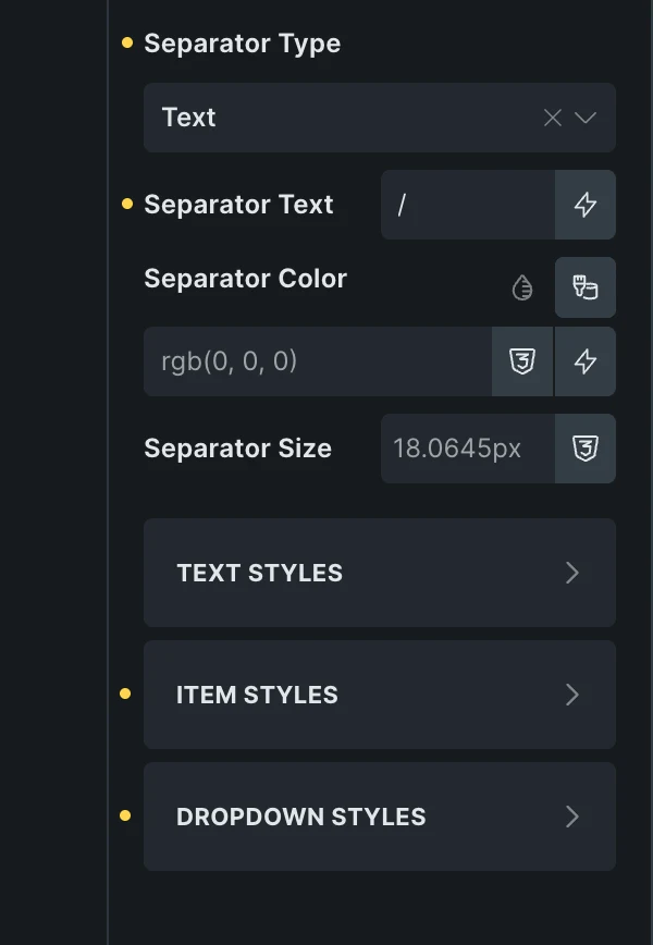 Fancy Breadcrumb in the Bricks panel, Separator group: Separator Type Text and Separator Text «/».