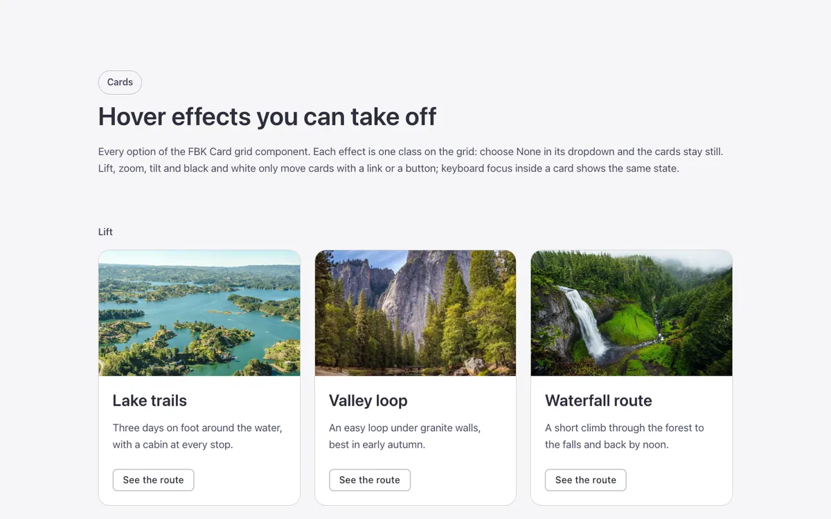 Preview of the card effects template: a showcase of hover effects for the FBK Card grid component in Bricks Builder