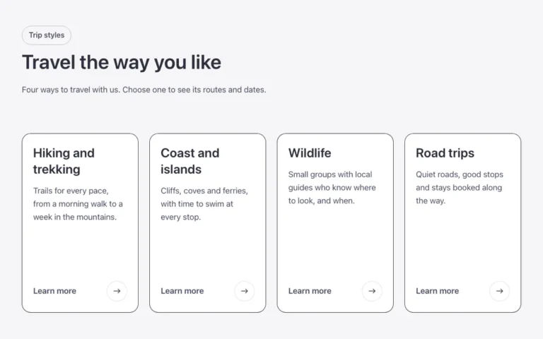 Preview of the links template: a grid of tall link cards for Bricks Builder: on hover, the card's surface shrinks into its arrow and uncovers a darkened photo underneath