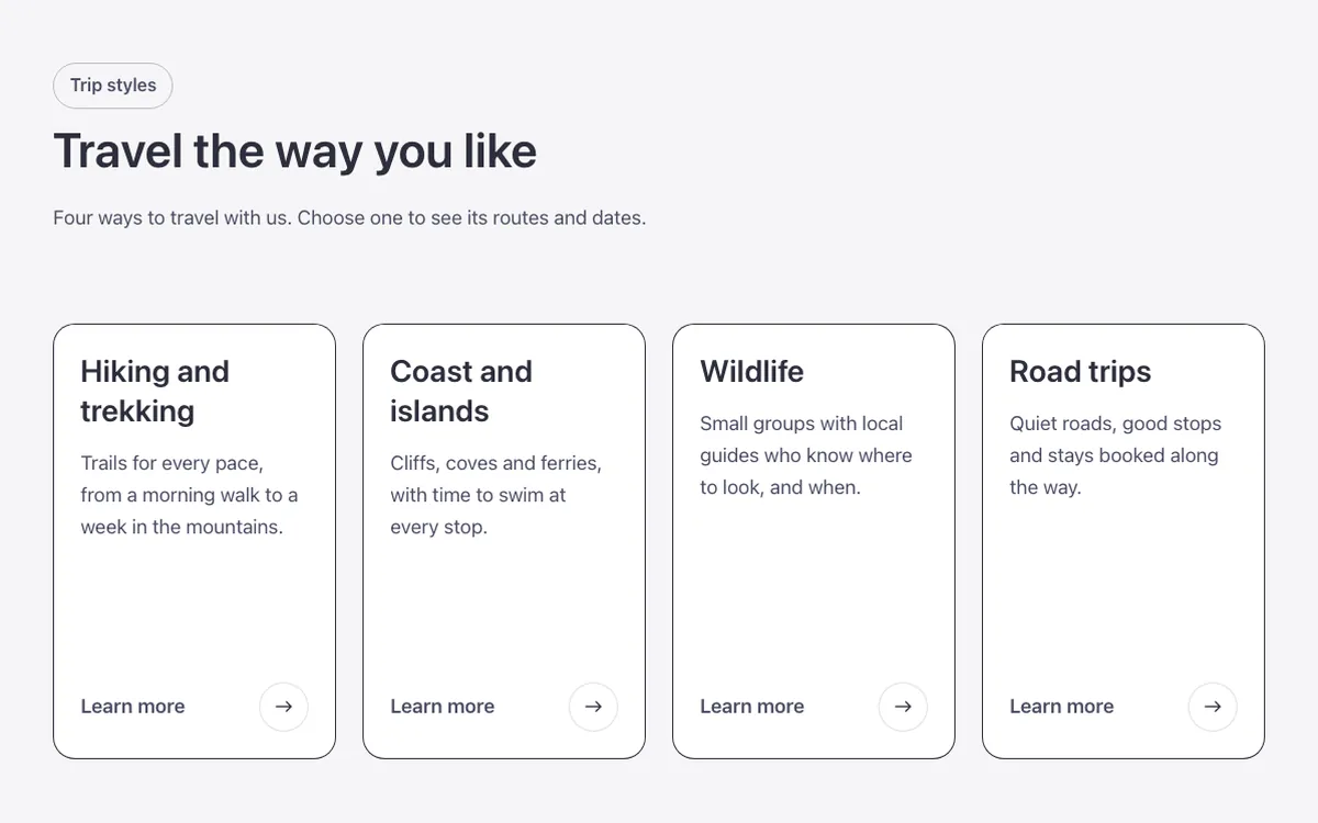 Preview of the links template: a grid of tall link cards for Bricks Builder: on hover, the card's surface shrinks into its arrow and uncovers a darkened photo underneath