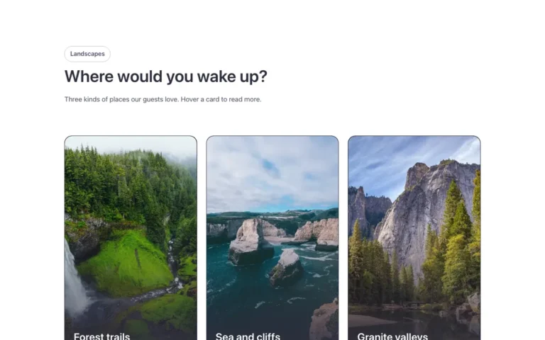 Preview of the text on hover template: a cards section for Bricks Builder with tall photo cards, each title set at the bottom edge