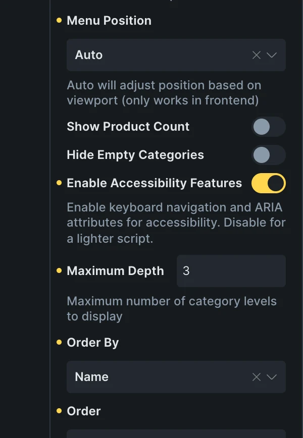 Fancy Categories Dropdown in the Bricks panel: Menu Position Auto, Show Product Count off, Hide Empty Categories off, Enable Accessibility Features on, Maximum Depth 3, Order By Name and Order ascending.