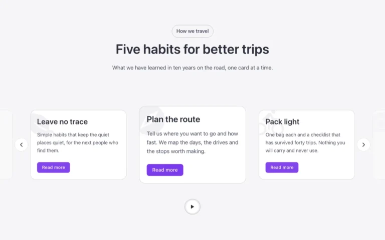 Preview of the center focus carousel template: a card carousel for Bricks Builder with text cards that carry a large faint icon