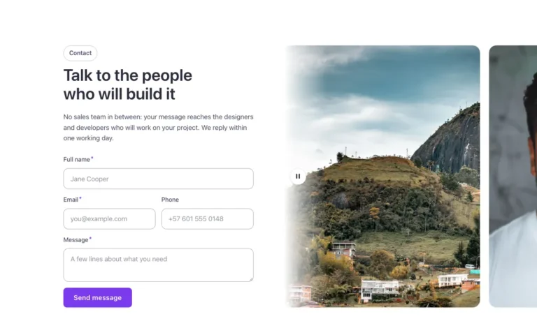Preview of the photo strip horizontal template: a contact section for Bricks Builder with a horizontal photo strip that scrolls beside the native Bricks Form