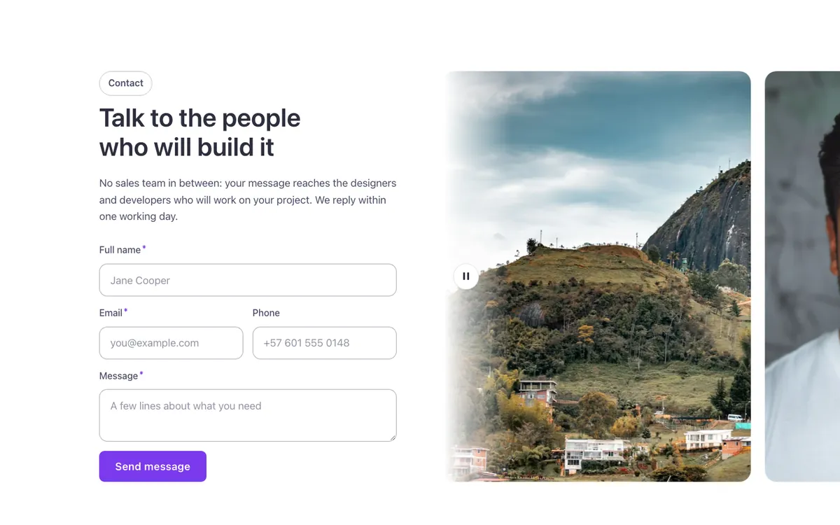 Preview of the photo strip horizontal template: a contact section for Bricks Builder with a horizontal photo strip that scrolls beside the native Bricks Form