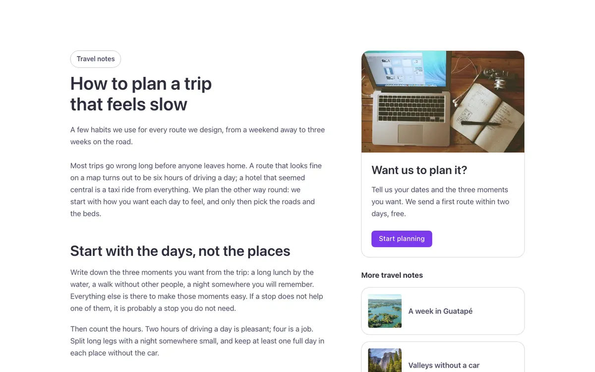 Preview of the content with sidebar template: a content layout for Bricks Builder with a long article beside a sidebar that stays in view as you scroll in either direction