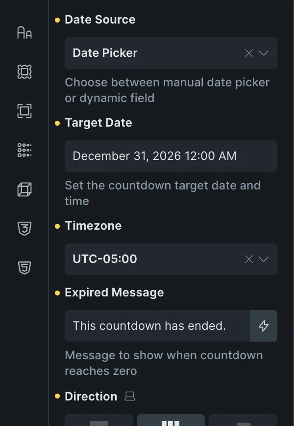 Fancy Countdown in the Bricks panel: Date Source Date Picker, Target Date December 31, 2026 12:00 AM, Timezone UTC-05:00 and Expired Message «This countdown has ended.»