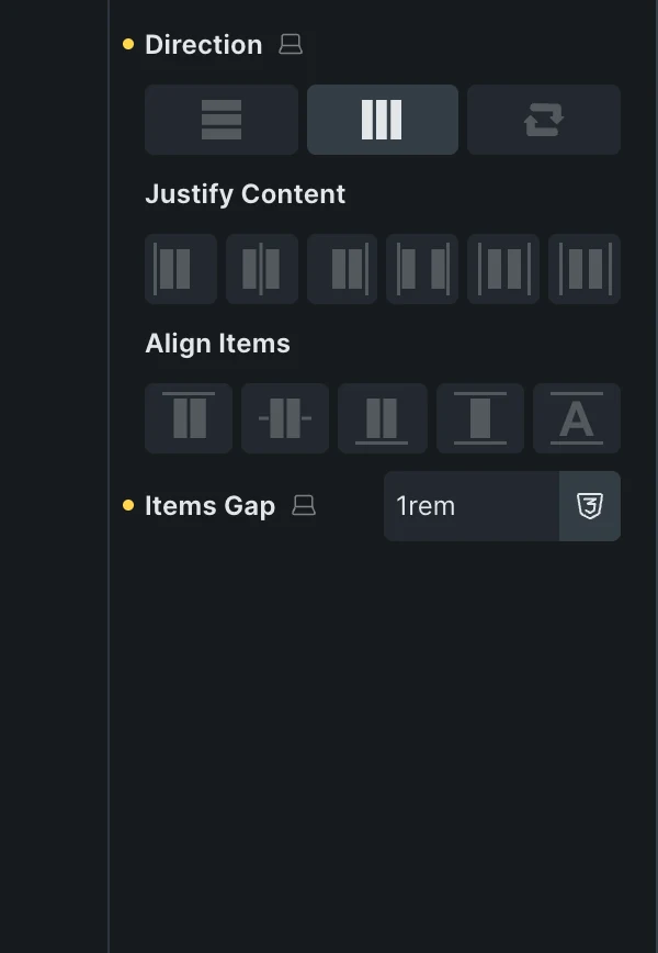 Fancy Countdown in the Bricks panel: Direction row, Justify Content, Align Items and Items Gap 1rem.