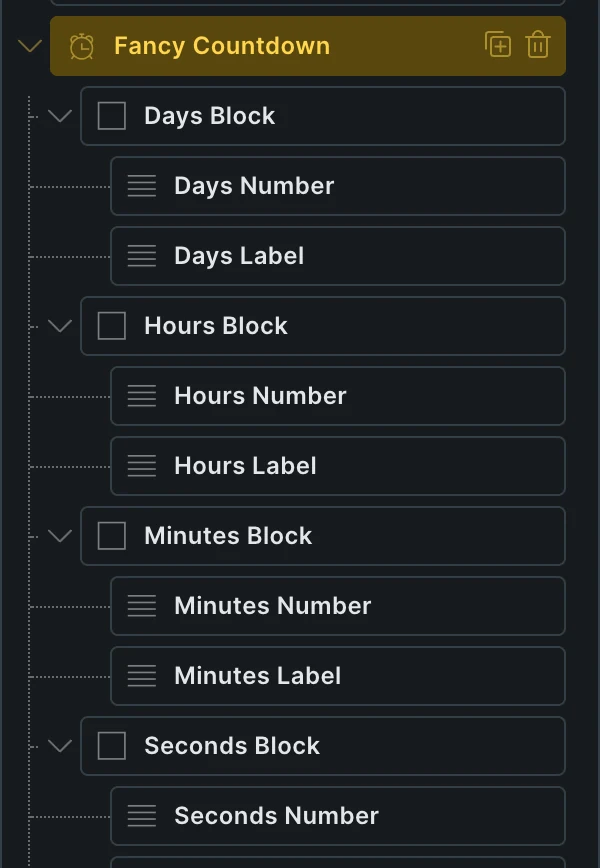 The Bricks structure panel with Fancy Countdown open: Days, Hours, Minutes and Seconds blocks, each with its Number and Label.