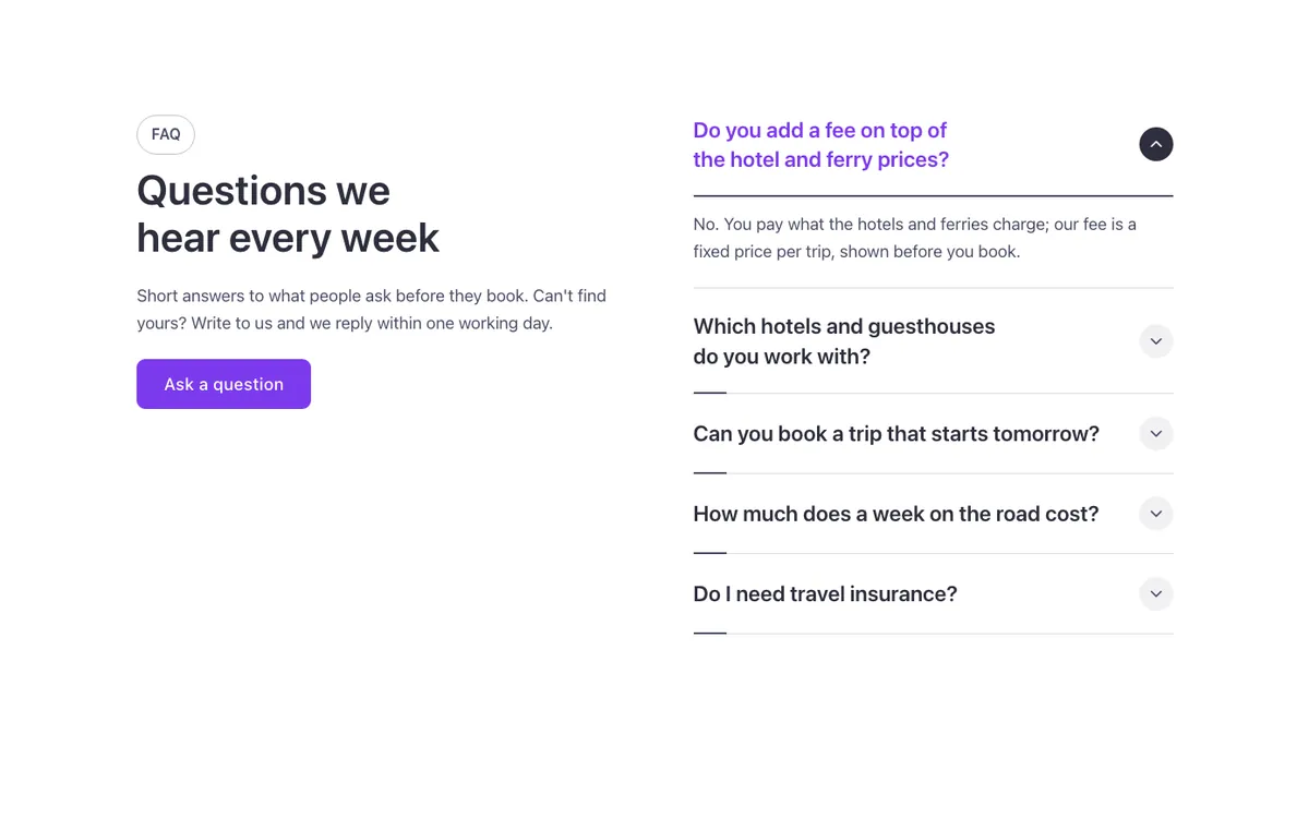 Preview of the lines template: an FAQ accordion for Bricks Builder with a sticky intro and contact button on the left, and questions on the right separated by thin lines