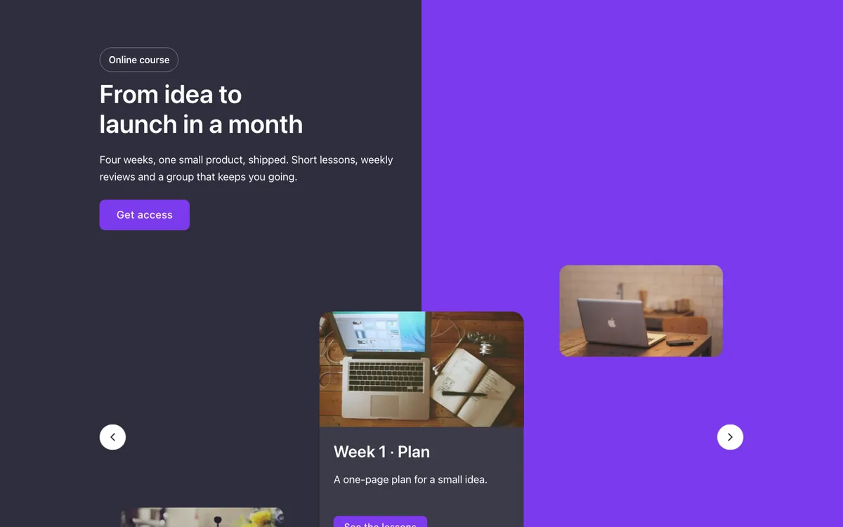Preview of the focus carousel template: a carousel for Bricks Builder set on a split dark and brand background