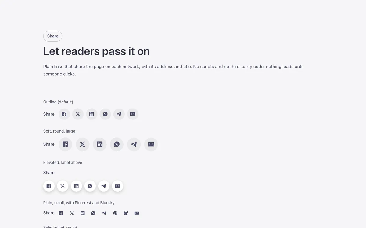 Preview of the share buttons template: the FBK Share component for Bricks Builder