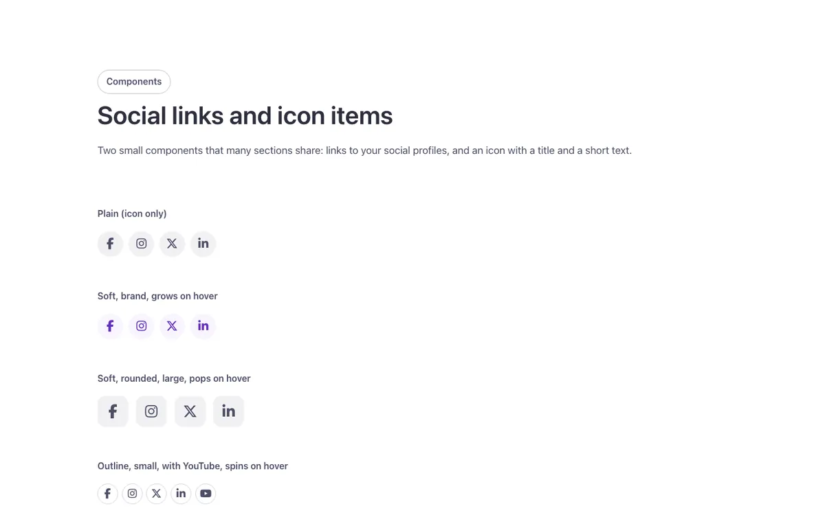 Preview of the social links and icon items template: a showcase of two components for Bricks Builder