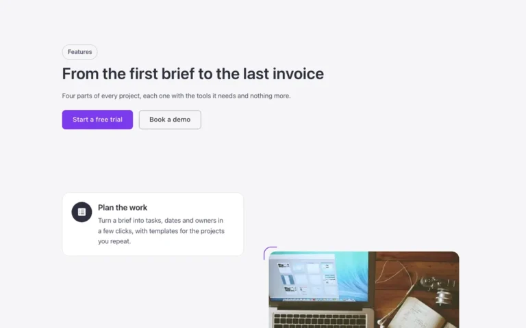 Preview of the sticky list template: a features section for Bricks Builder where four features scroll past a photo that stays in view