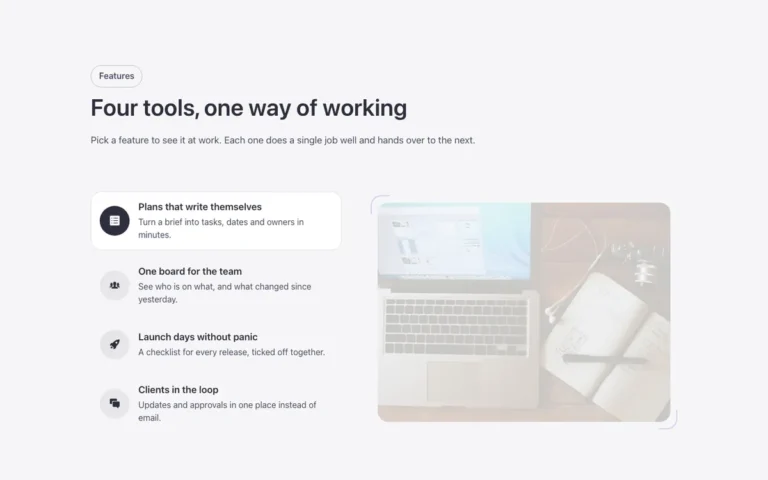Preview of the tabs and media template: a features section for Bricks Builder with four vertical tabs, each with an icon, a name and one line of text